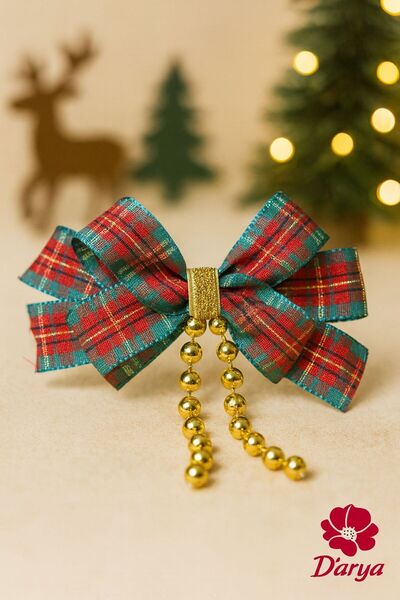 Darya Dd606 Red-Green Plaid Christmas Bow Hair Clip (Gold Detailed) Christmas Hairband