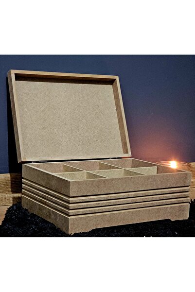 Tekir Store evinizi güzelleştirin Wooden 6-Compartment Medium Size Jewelry Watch Accessory Storage Box Corded Fabric Model Raw Hobby Painting Mdf