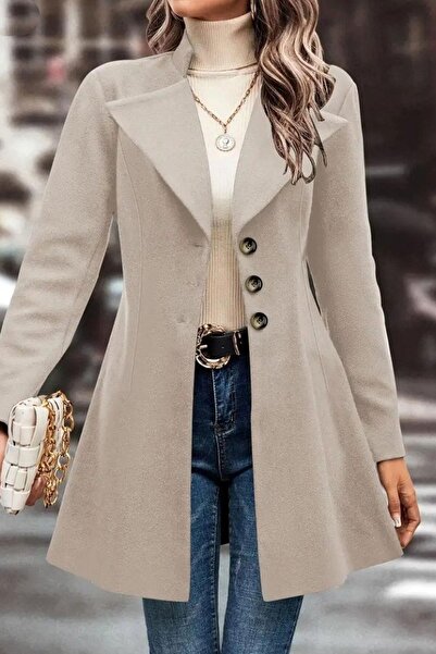 dk denemekabini Kadın Uzun Kollu Yakalı önden Düğmeli Kısa Kaşe Kaban - Bej