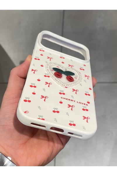 Mee.co iPhone 17 Pro Max Compatible Embroidered Cherry Pattern Case Cherry Figured Knitted Phone Case
