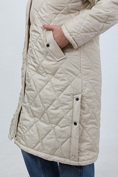 By Alba Collection Women's Ecru Baklava Pattern Long Wool Quilted Plus Size Coat