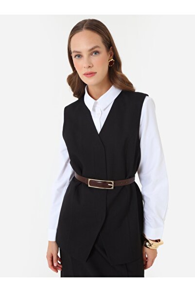 Refka Collarless Vest with Handle Detail - Black -