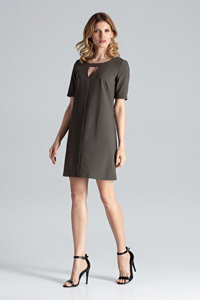 Figl Rochie mini elegantă de culoare măslinie, cu decolteu decupat - M634 măr...
