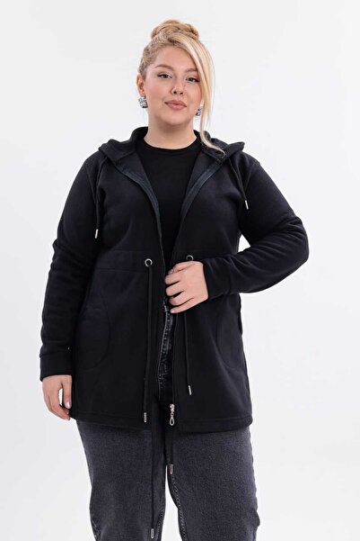 tarzımsüper Women's Plus Size Warm Leopard Fleece Hooded Zippered Sweatshirt