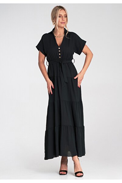 Figl Summer maxi dress - Dress with collar and ruffles - Black M1195 size L/XL