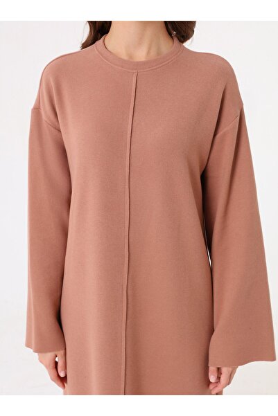 Benin Soft Buttoned Stitching Detailed Hijab Dress - Beige -