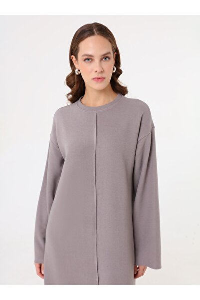 Benin Soft Buttoned Stitching Detailed Hijab Dress - Dark Gray -