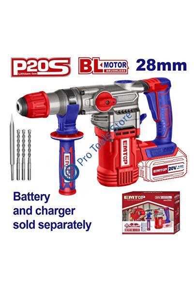 EMTOP Ciocan rotopercutor fără fir, 28 mm, 4 accesorii, 4400 bpm, 930 rpm, fă...