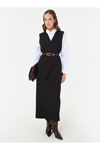 Refka Collarless Vest with Handle Detail - Black -