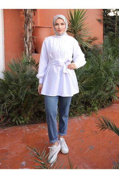 Nergis Neva Butik Tunic with Shoulder Collar and Drawstring Belt - White - Nergis Neva