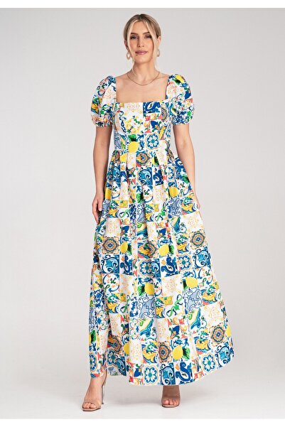 Figl Dress with square neckline and puff sleeves - Blue dress M1187 size L/XL