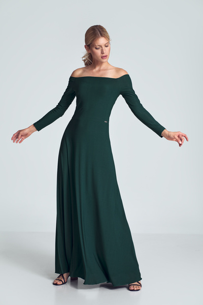 Figl Elegant green maxi dress with bare shoulders and long sleeves - M707 size L