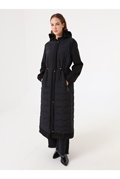 Refka Hooded Beli Tunnel Detailed Long Inflatable Coat - Black -
