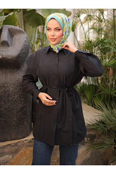 Nergis Neva Butik Tunic with Handles on the Sides and Ribbed Front - Black - Nergis Neva