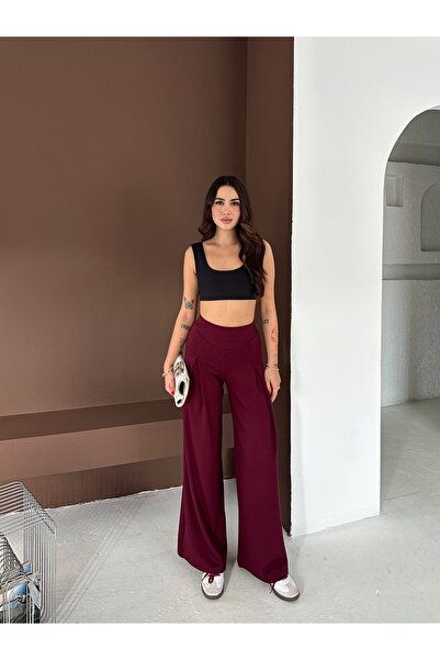 winmoda Soft Textured Front Plied Pants - Modal Fabric Wide Pants with Front Plied