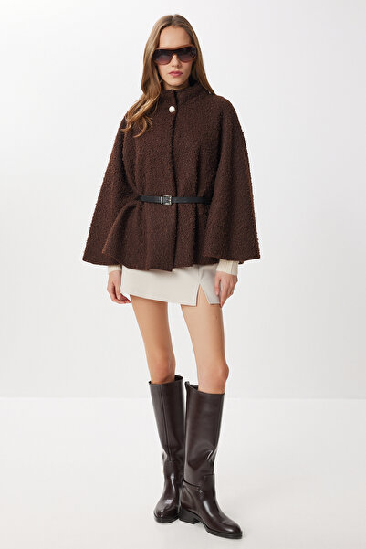 Lovelyİstanbul Belted Buttoned Boucle Poncho Lde0010 Brown
