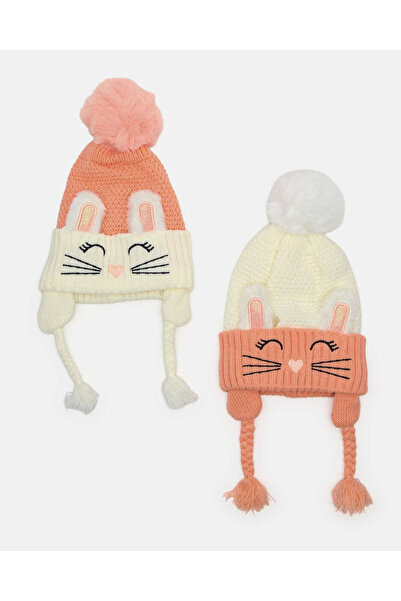 REDTAG مجموعة قبعات محبوكة مزخرفة باللونين العاجي والبرتقالي للبنات (عبوة من ...