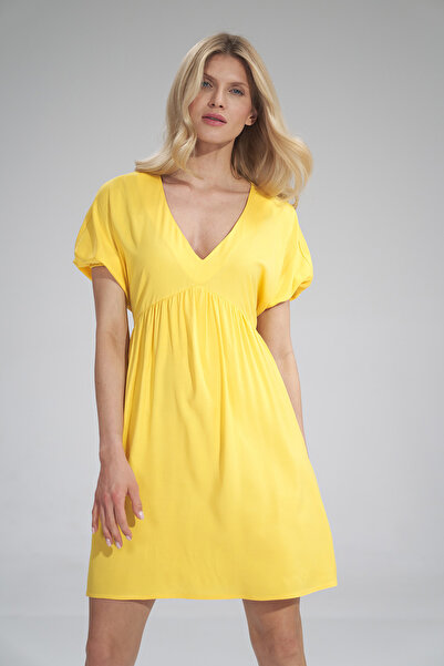 Figl Yellow mini dress with V-neck - summer dress M766 size L/XL