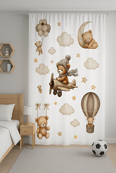 Bebişim Halı Children's Room Double Winged Background Curtain with Teddy Bear