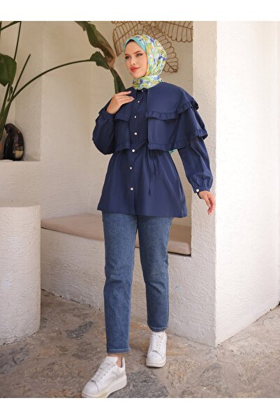 Nergis Neva Butik Double Caped Tunic - Navy Blue - Nergis Neva
