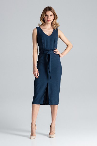 Figl Rochie midi elegantă bleumarin cu curea și decolteu în V - M633 mărimea XL