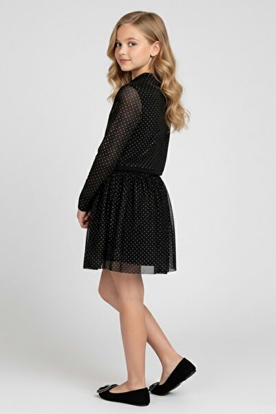 ww waka waka kids store Girl's Black Stone Printed Tulle Detailed Dress