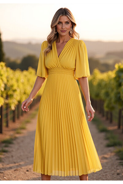 Figl Elegant lilac Printed dress - Pleated midi dress - Yellow dress M1124 L/XL