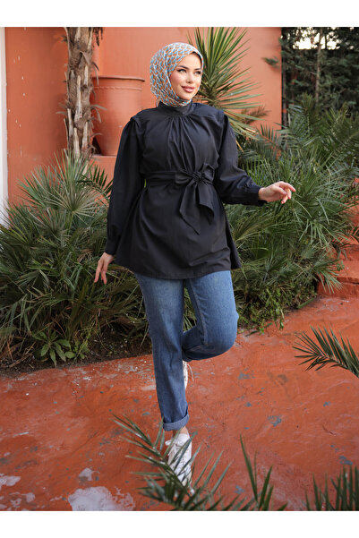 Nergis Neva Butik Tunic with Cuffed Collar and Drawstring Belt - Black - Nergis Neva