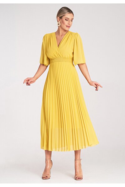 Figl Elegant lilac Printed dress - Pleated midi dress - Yellow dress M1124 L/XL