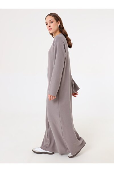 Benin Soft Buttoned Stitching Detailed Hijab Dress - Dark Gray -