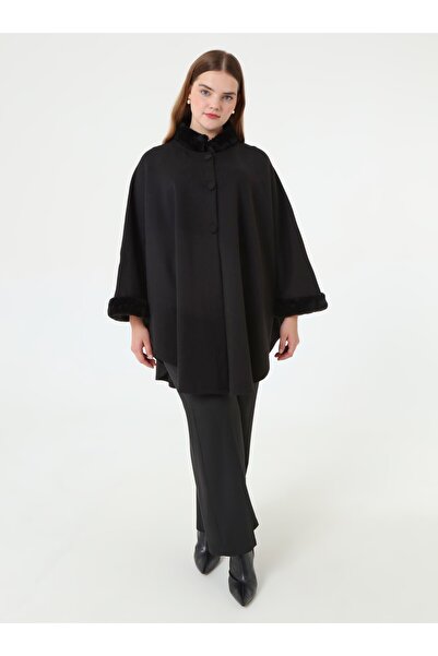 ALİA Cape Poncho with Fur Detail on the Sleeves and Collar - Black -