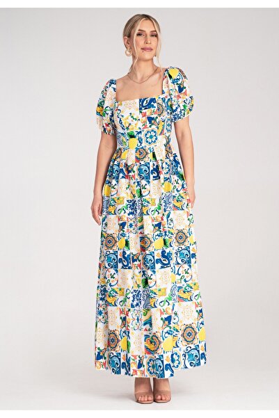 Figl Dress with square neckline and puff sleeves - Blue dress M1187 size L/XL