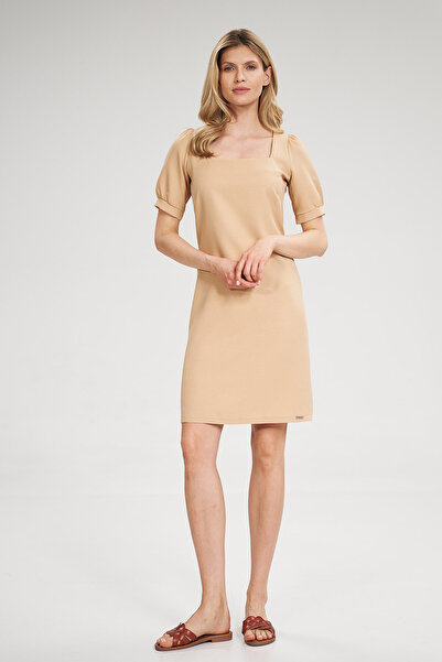 Figl Beige mini dress with square neckline and short sleeves - M704 size M