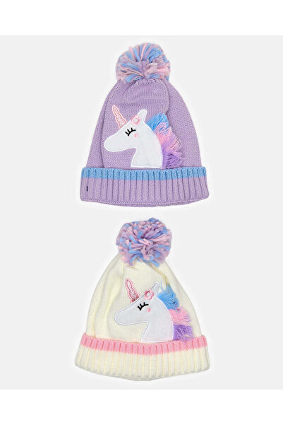 REDTAG مجموعة قبعات مزينة باللونين الأرجواني والأبيض للبنات (عبوة من قطعتين)