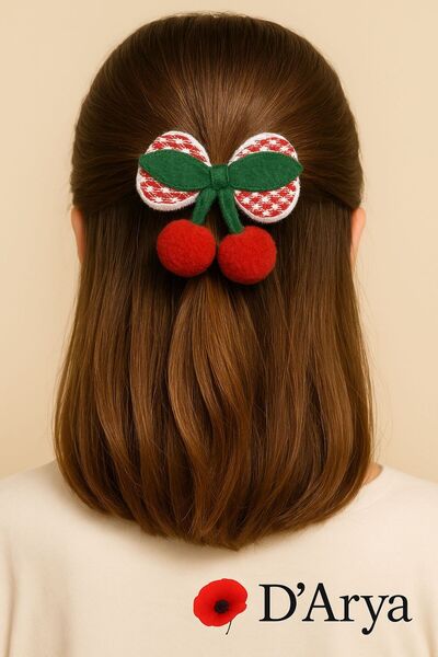 Darya Dd607 Red – Green Cherry Patterned Pompom Rubber Buckle |   Soft Velvet...