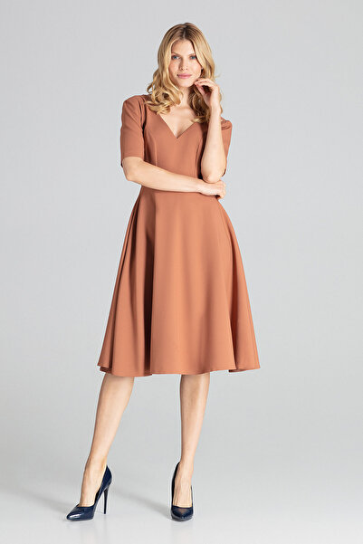 Figl Midi evening dress with short sleeves, beige - M673, size S