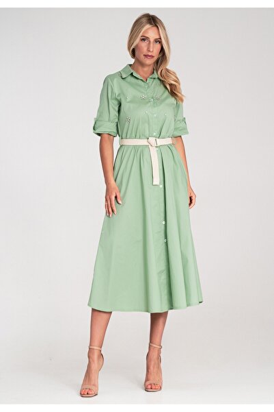 Figl Rochie cu strasuri - Rochie midi cămașă - Rochie verde M1215 mărimea S/M