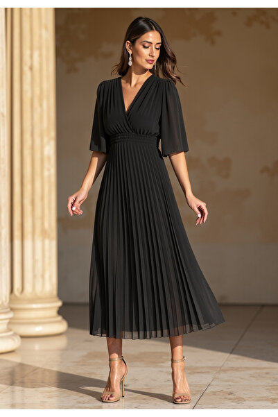 Figl Rochie elegantă cu imprimeu de liliac - Rochie midi plisată - Rochie nea...