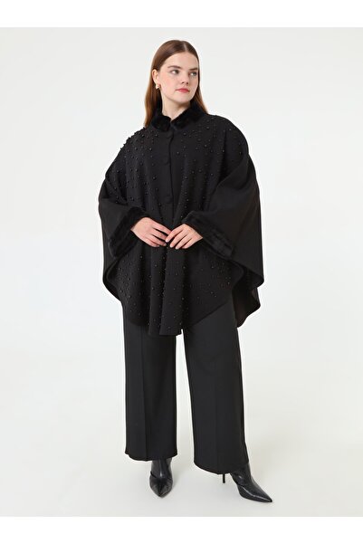 ALİA Pearl Cape Poncho with Fur Detail on Sleeves and Collar - Black -