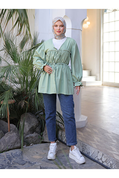 Nergis Neva Butik Belted Drawstring Kimono Tunic - Green - Nergis Neva