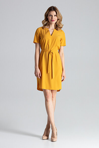 Figl Mustard dress with belt - Trendy summer dress M669 size M