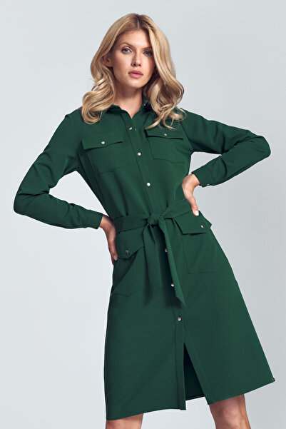 Figl Elegant green evening dress with long sleeves and ties - M706 size S
