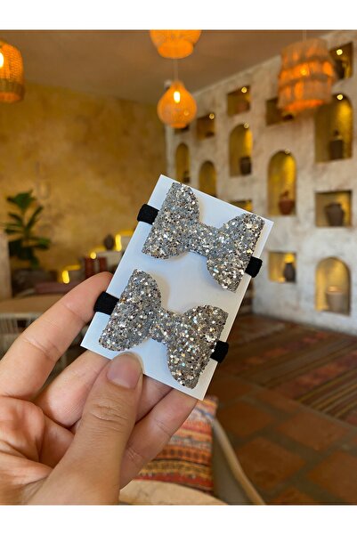 Little Sparkle Co. Silver Glitter Bow Rubber Buckle Set of 2 – Shiny Baby and Children's Hair Clip