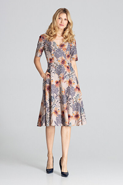 Figl Floral Printed midi evening dress with short sleeves - M673 size L