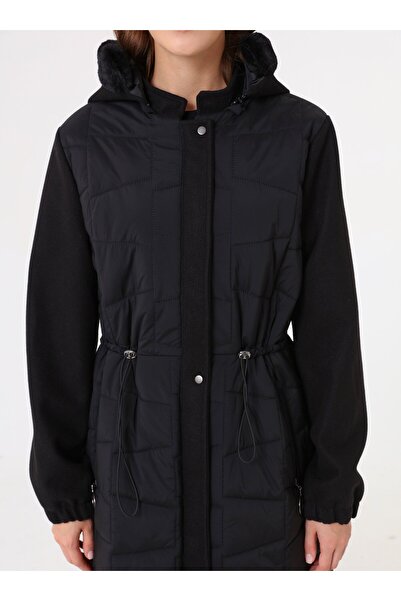 Refka Hooded Beli Tunnel Detailed Long Inflatable Coat - Black -