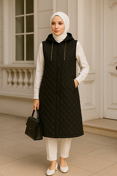 ŞIK VE MUTLU Tesettür Hooded Quilted Sleeveless Long Vest