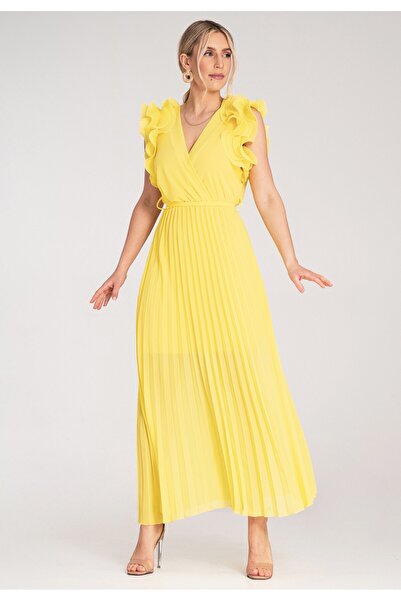 Figl Pleated maxi dress - Ruffle sleeve dress - Yellow dress M1189 size S/M