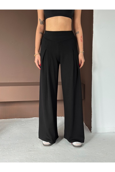 winmoda Soft Textured Front Plied Pants - Modal Fabric Wide Pants with Front Plied