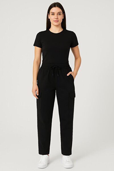 RAPAPA Γυναικείο ίσιο παντελόνι με κορδόνια μαύρο παντελόνι 1775