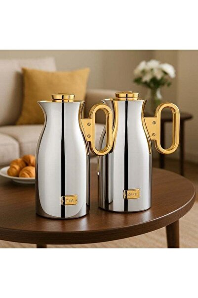LALOZA ✨ Luxury 2-piece thermos set – shiny silver with gold handle | For tea and coffee (1 liter) ✨
